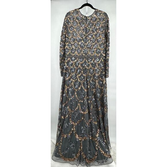Mac Duggal Charcoal Embellished Illusion High Neck L/S A Line Gown [ 24 ]‎ - Picture 6 of 13